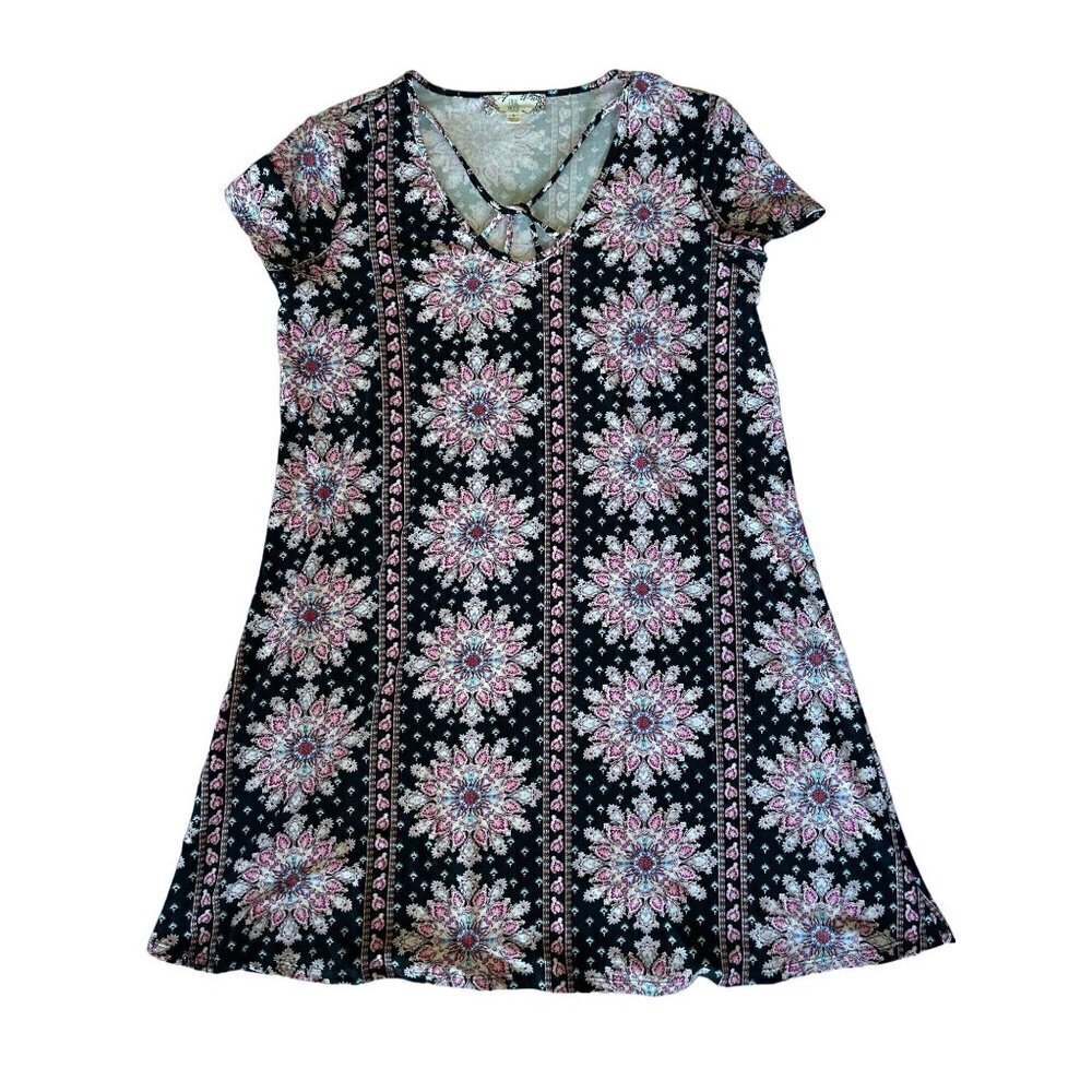 Pink Rose Dress Women's Size Large Short Sleeve Stretchy Black Pink Teal - Picture 2 of 12